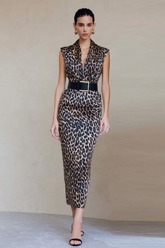Vestido midi de trabajo de satén con estampado ceñido de leopardo marrón con cinturón