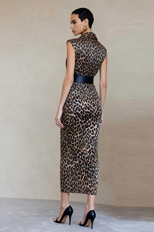 Vestido midi de trabajo de satén con estampado ceñido de leopardo marrón con cinturón