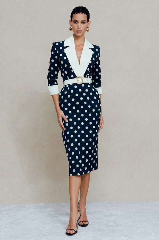 Navy White Dot Notched Lapel Bodycon Midi Work Dress with Belt