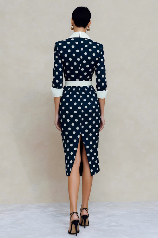 Navy White Dot Notched Lapel Bodycon Midi Work Dress with Belt