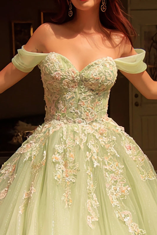 Robe de bal de Quinceañera verte avec applications, épaules dénudées