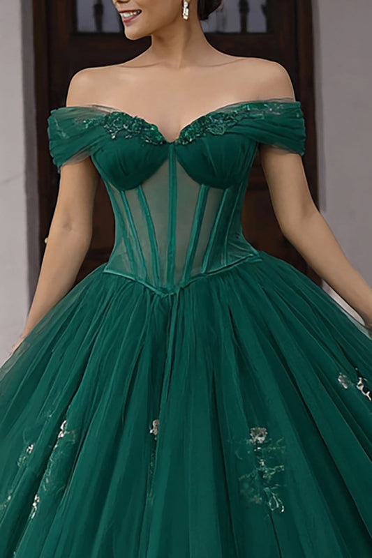 Robe de Quinceañera vert foncé avec corset, appliqués et col bateau