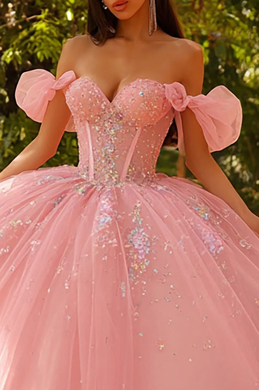 Sparkly Off The Shoulder Pink Ball-Gown Quinceanera Dress
