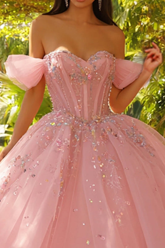 Sparkly Pink Off The Shoulder Corset Ball-Gown Quinceanera Dress