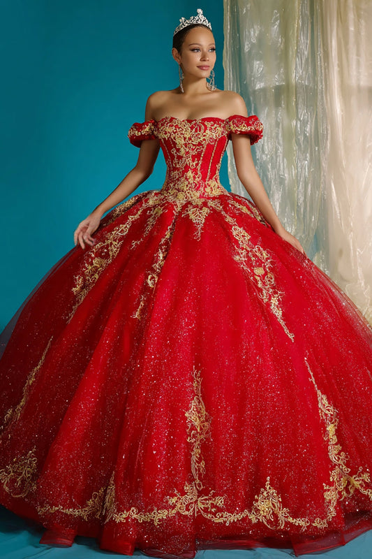 Red Off The Shoulder Ball-Gown Appliqued Quinceanera Dress