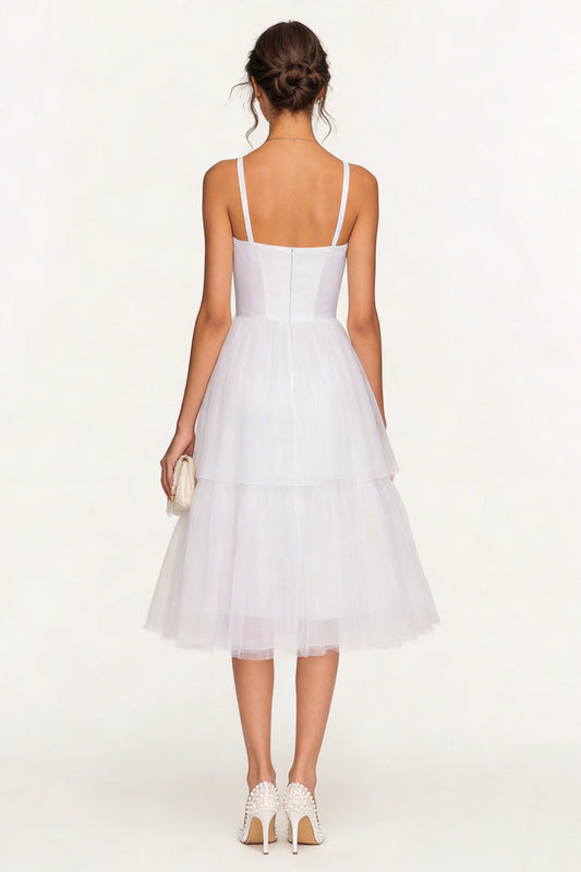 White Spaghetti Straps A-line Tiered Knee-Length Engagement Dress