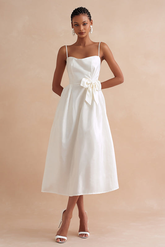 White A-Line Spaghetti Strap Long Engagement Dress with Bow
