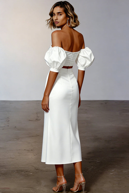 White Cut Out Satin Off-the-Shoulder Long Engagement Dress