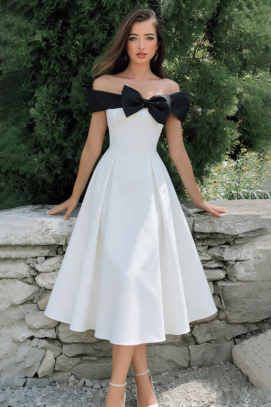 White A-Line Off-the-Shoulder Midi Engagement Dress with Bow