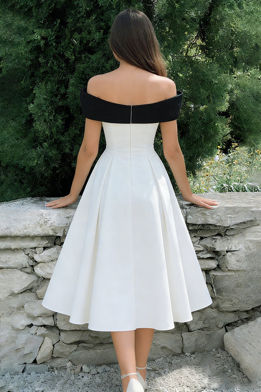 White A-Line Off-the-Shoulder Midi Engagement Dress with Bow