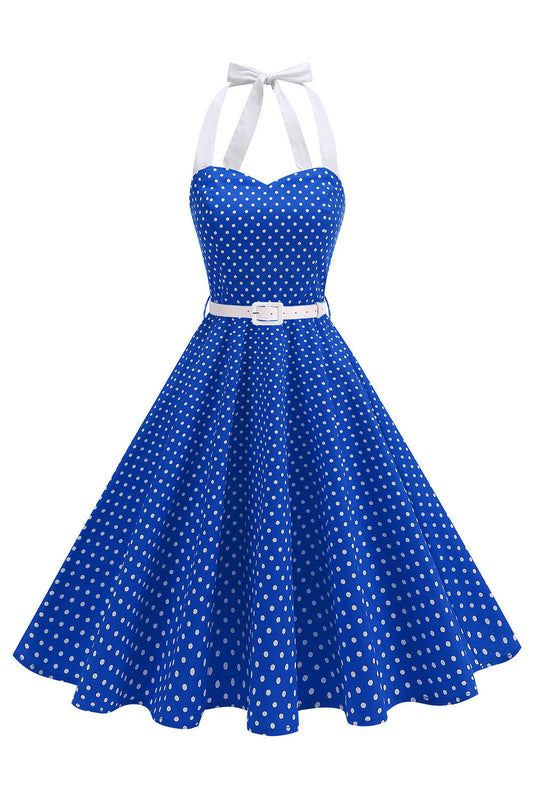 Royal Blue Polka Dot Halter A-Line 1950s Dress