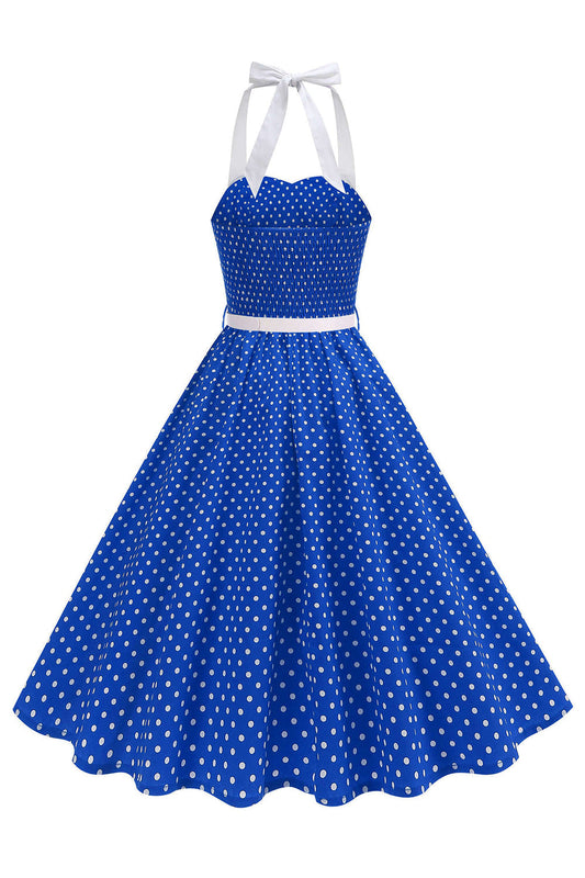 Royal Blue Polka Dot Halter A-Line 1950s Dress