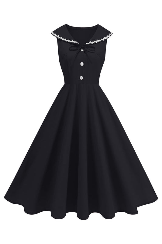 Black V-Neck A-Line 1950s Dress with Bow