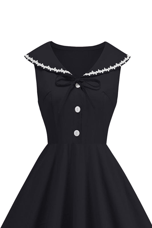 Black V-Neck A-Line 1950s Dress with Bow