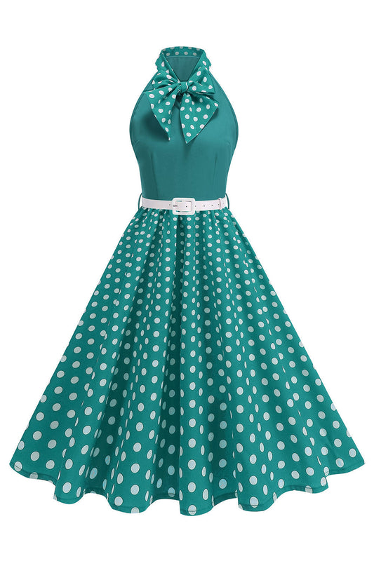 Robe Années 50 Col Montant Vert à Pois Coupe Droite avec Nœud