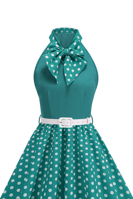 Robe Années 50 Col Montant Vert à Pois Coupe Droite avec Nœud