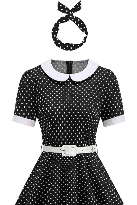 Round Neck Polka Dot Black A-Line 1950s Dress