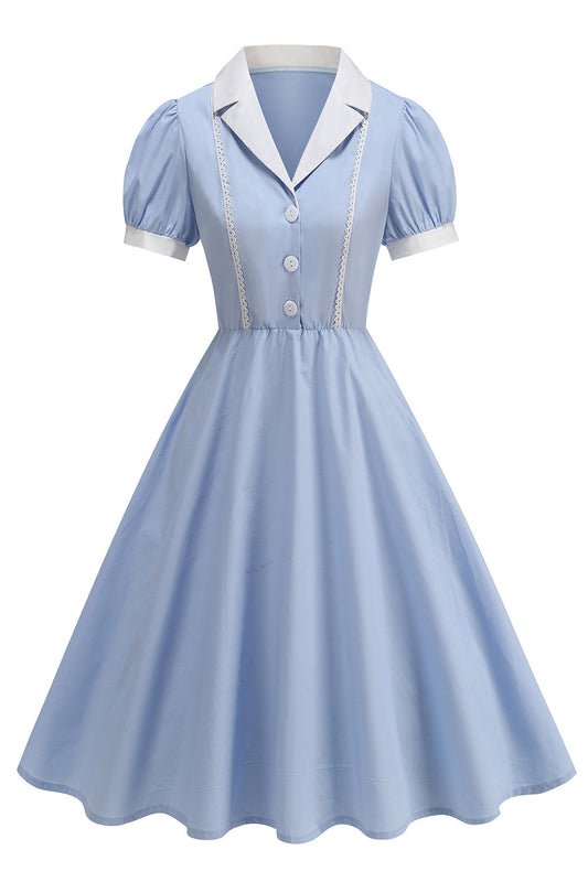 Notched Lapel Blue A-Line Single-Breasted 1950s Dress