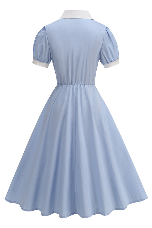 Notched Lapel Blue A-Line Single-Breasted 1950s Dress