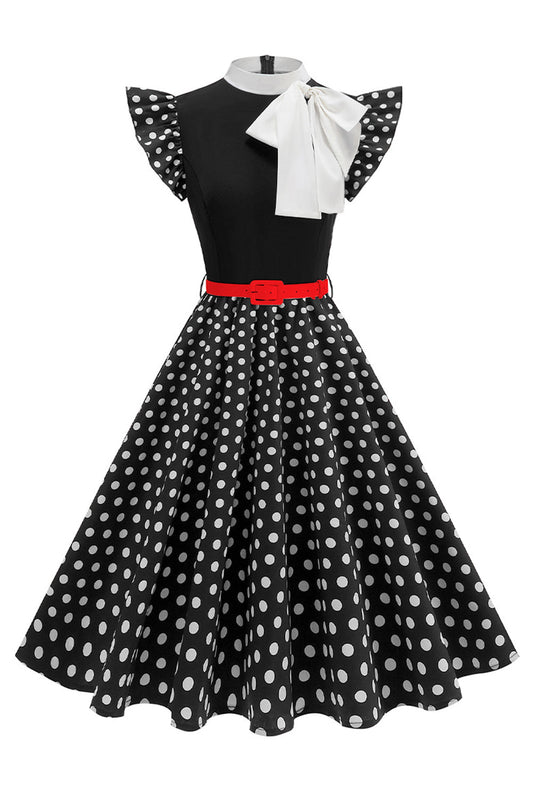 Vestido Negro con Lunares Cuello Alto Acampanado de los Años 50 con Lazo
