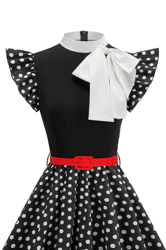 Vestido Negro con Lunares Cuello Alto Acampanado de los Años 50 con Lazo