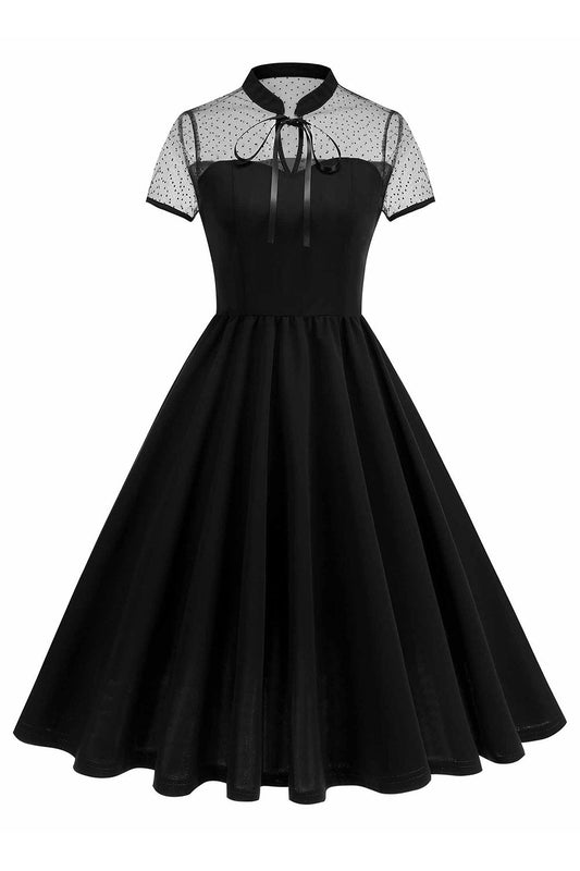 High Neck Black Polka Dots A Line 1950s Dress