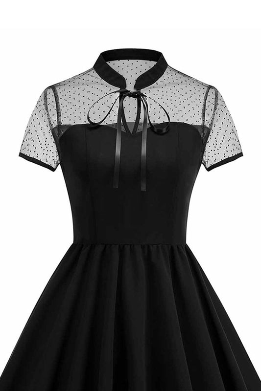 High Neck Black Polka Dots A Line 1950s Dress