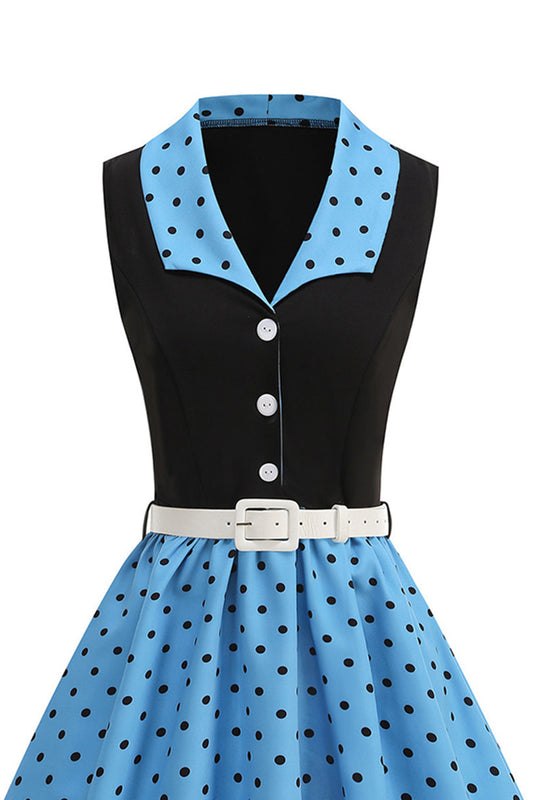Blue A-Line Polka Dot Shawl Lapel 1950s Dress