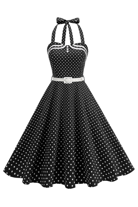 Polka Dot Halter Black A-Line 1950s Dress with Bow