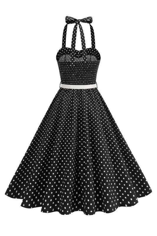 Polka Dot Halter Black A-Line 1950s Dress with Bow