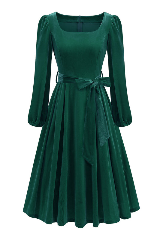 Robe trapèze vert foncé à manches longues, style années 50, avec ceinture