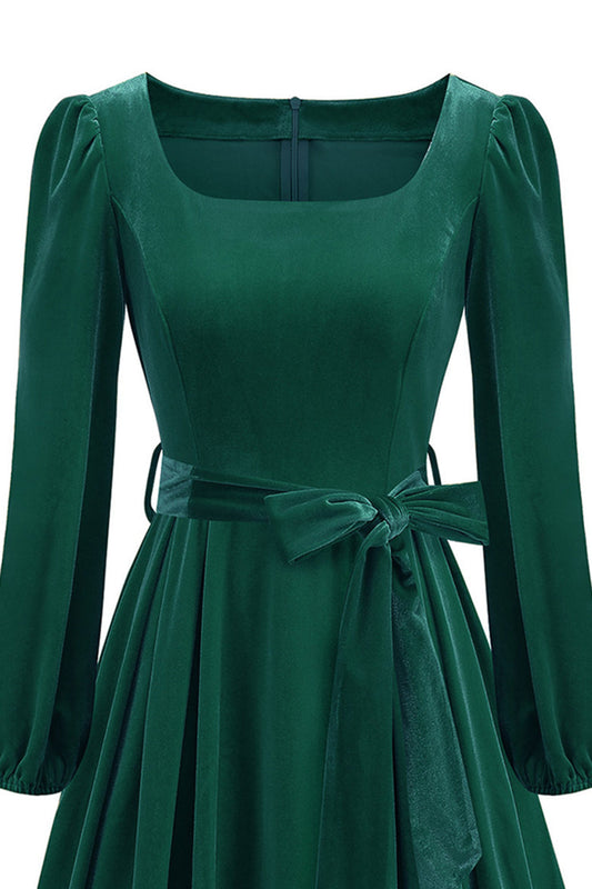 Robe trapèze vert foncé à manches longues, style années 50, avec ceinture