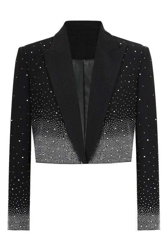 Blazer negro de mujer con solapa de pico y pedrería brillante