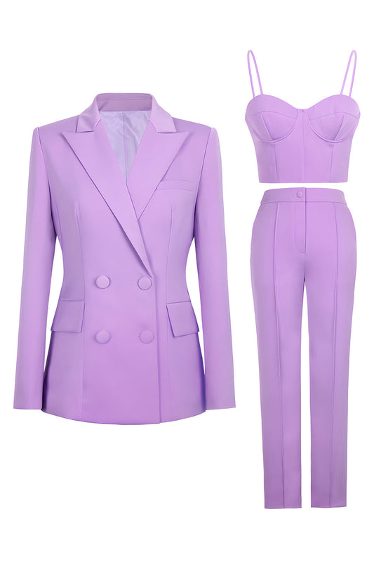 Costume de bal 3 pièces violet à revers en pointe et double boutonnage pour femme