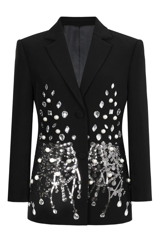 Blazer femme à revers crantés, perles et sequins noirs
