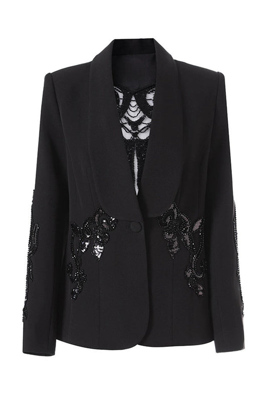 Blazer Noir à Un Bouton Revers Châle Orné de Perles