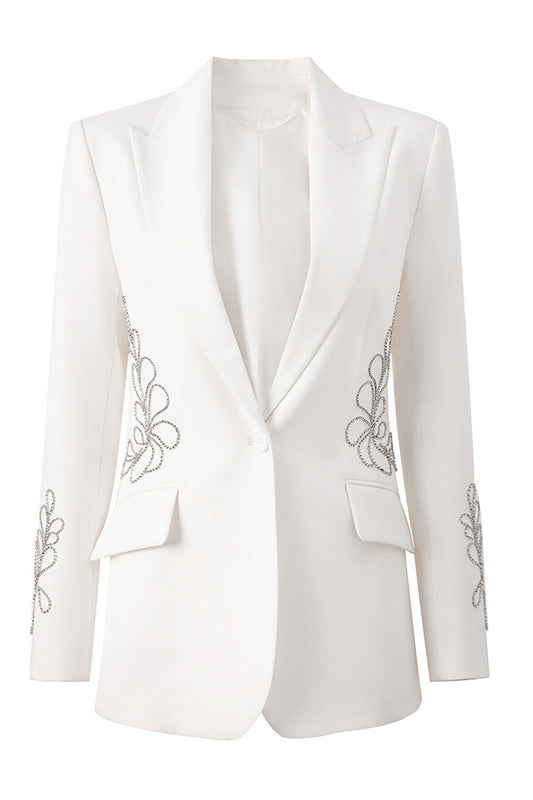White One Button Beaded Peak Lapel Women's Blazer