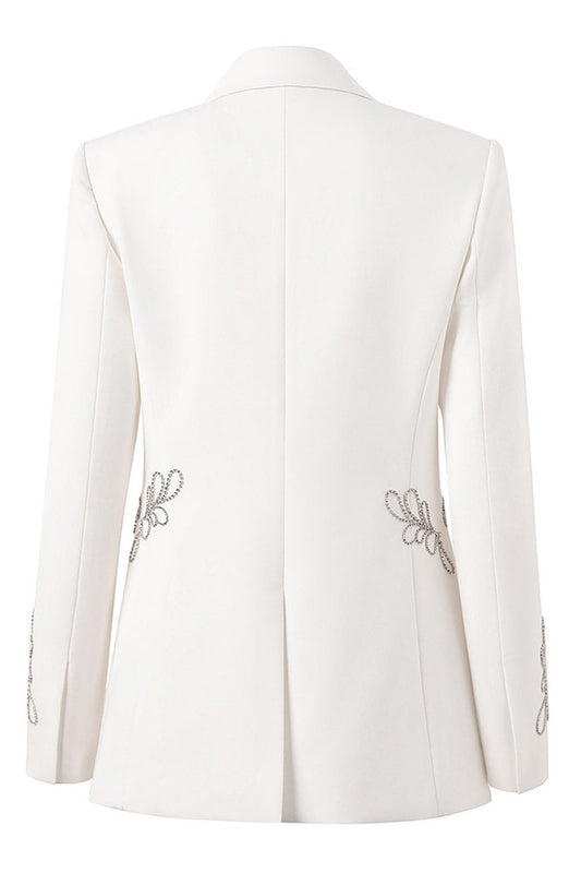 White One Button Beaded Peak Lapel Women's Blazer