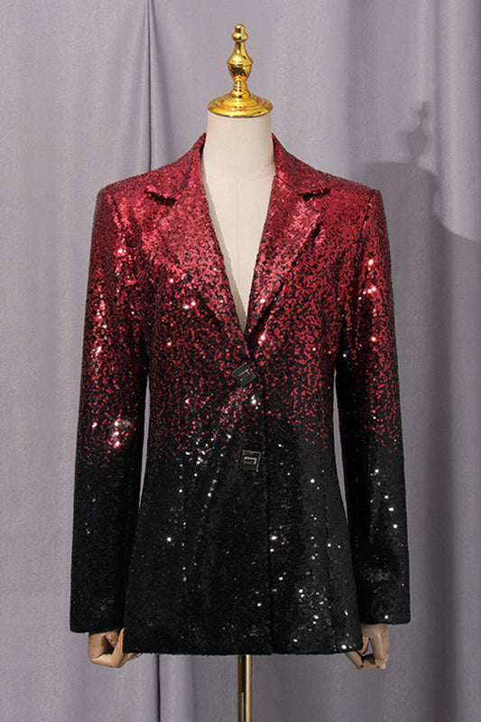 Costume de bal femme 2 pièces scintillant noir et rouge, à revers cranté, coupe droite
