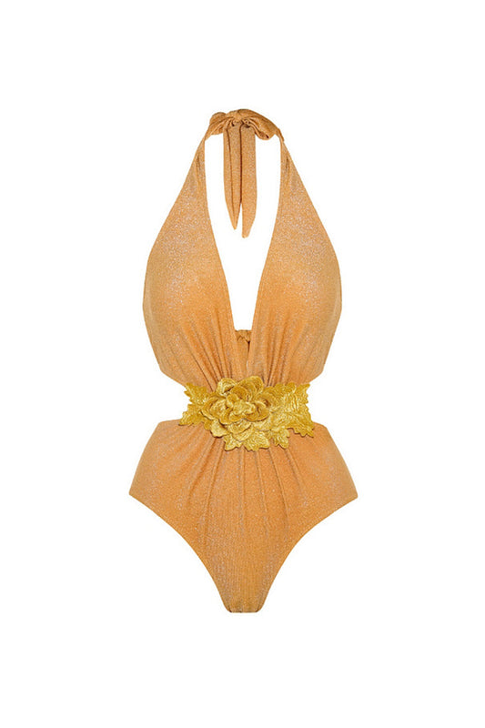 Golden 2-Piece Halter 3D Flower Swimsuit with Beach Dress