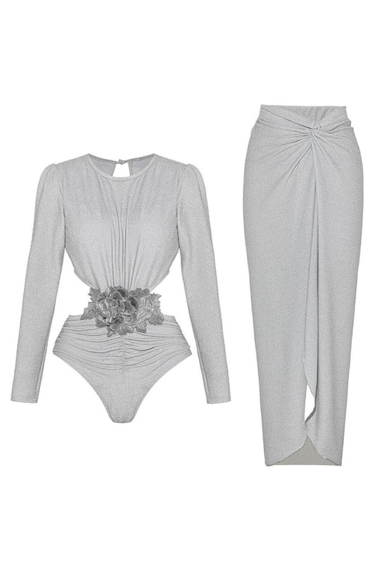 Silver Long Sleeve 2-Piece Swimsuit with Beach Dress