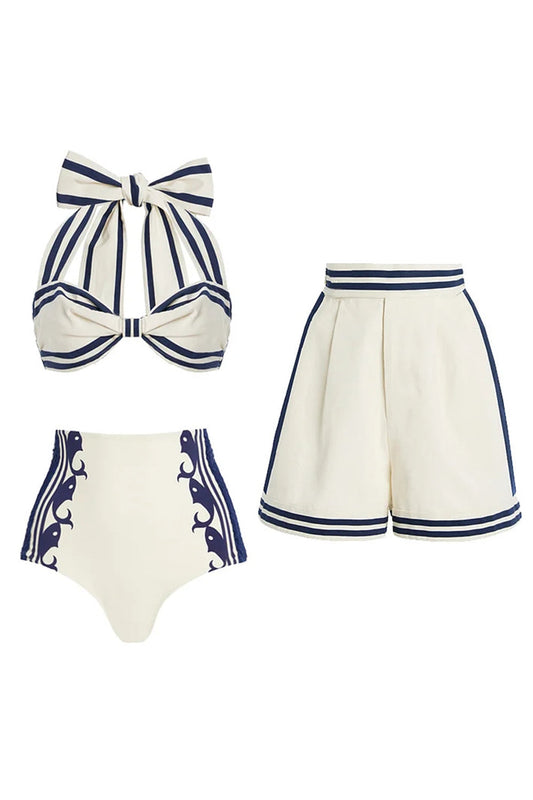 3-Piece Halter Swimsuit with Tie and Shorts