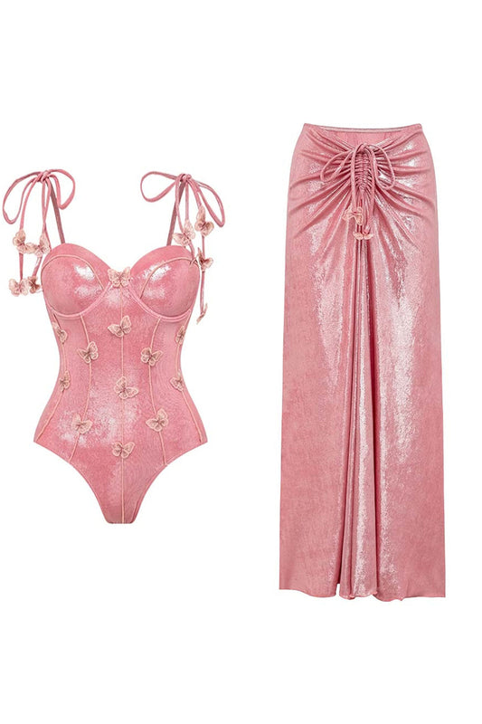 Blush 2-Piece Spaghetti Straps Appliqued Swimsuit with Beach Dress