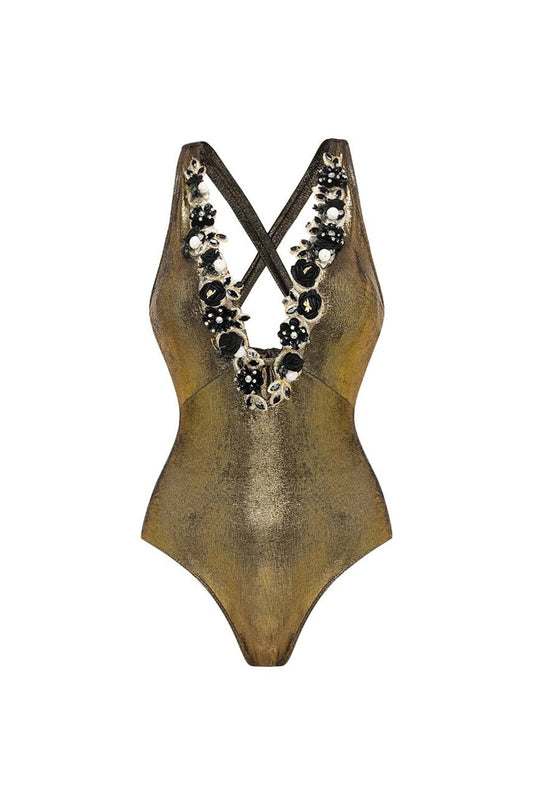 Metallic Golden 2 Piece V-Neck 3D Flowers Swimsuit with Beach Dress