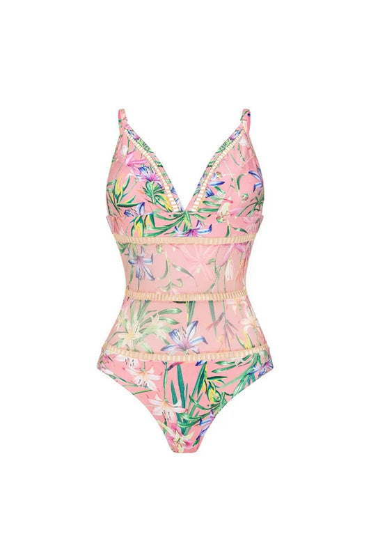 Pink Floral Ruffled Spaghetti Straps Two-Piece Swimsuit with Beach Dress