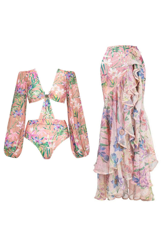 Pink Flower Long Sleeves 2 Piece Cut Out Ruffled Swimsuit with Beach Dress