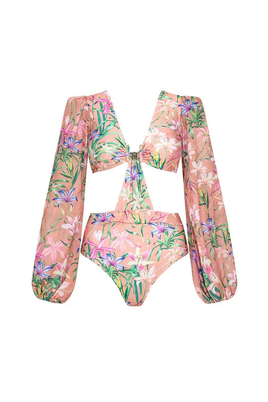 Pink Flower Long Sleeves 2 Piece Cut Out Ruffled Swimsuit with Beach Dress