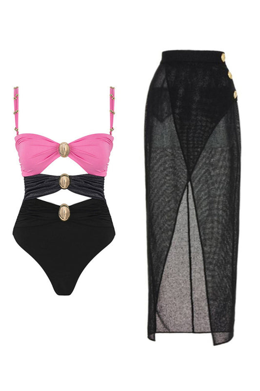 Black Spaghetti Straps 2 Piece Cut Out Swimsuit with Beach Dress