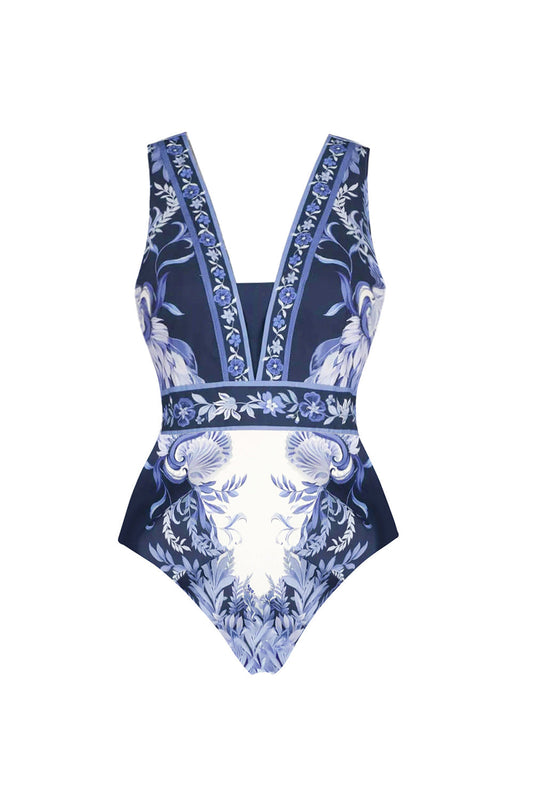 2-Piece White and Blue V-Neck Floral Print Swimsuit with Cover-Up