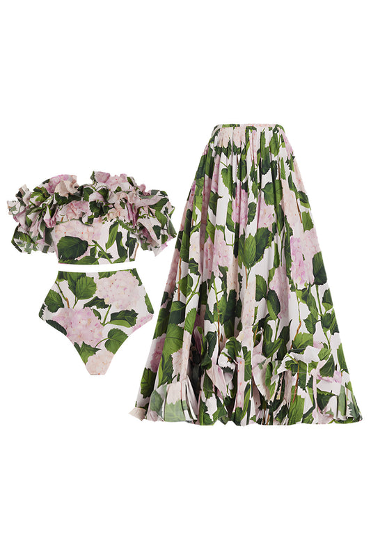 Off The Shoulder 3 Piece Green Pink Floral Ruffled Swimwear with Cover Up